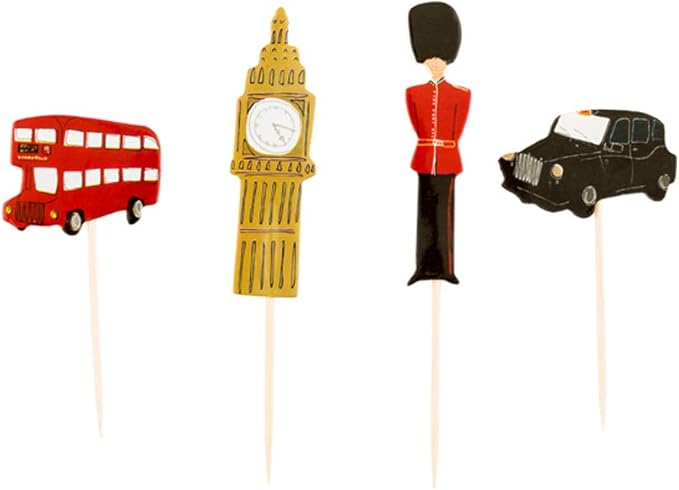 Restaurantware Top Cake London Cake Toppers 24 Piece Assorted British Cupcake Toppers - For Birthday Parties Weddings Or Baby Showers England Theme Cake Decorations Paper British Toothpicks