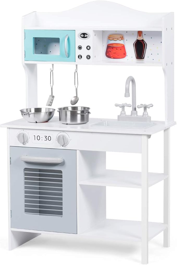 HONEY JOY Kids Kitchen Playset, Toddlers Wooden Play Kitchen Set w/Microwave, Sink, Stove & Oven, Cookware Utensils, Large Storage Shelf, Little Chef Pretend Play Toy Kitchen Set for Boy Girl Age 3+