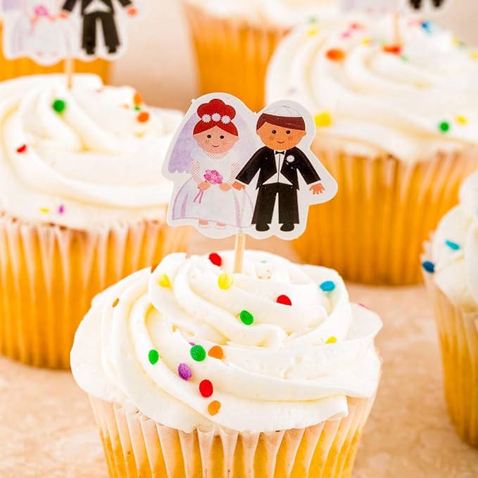 Restaurantware Top Cake 3.2 X 1.5 Inch Cake Toppers 10 Bride And Groom Cake Topper Inserts - Sturdy Wedding Theme Black And White Paper Cake Decoration For Wedding Parties Anniversaries