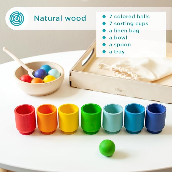 Ulanik Rainbow Balls in Cups Toddler Montessori Toys for 1+ Year Old Kids Wooden Matching Game for Learning Color Sorting and Counting β 7 Balls, 1.18 in