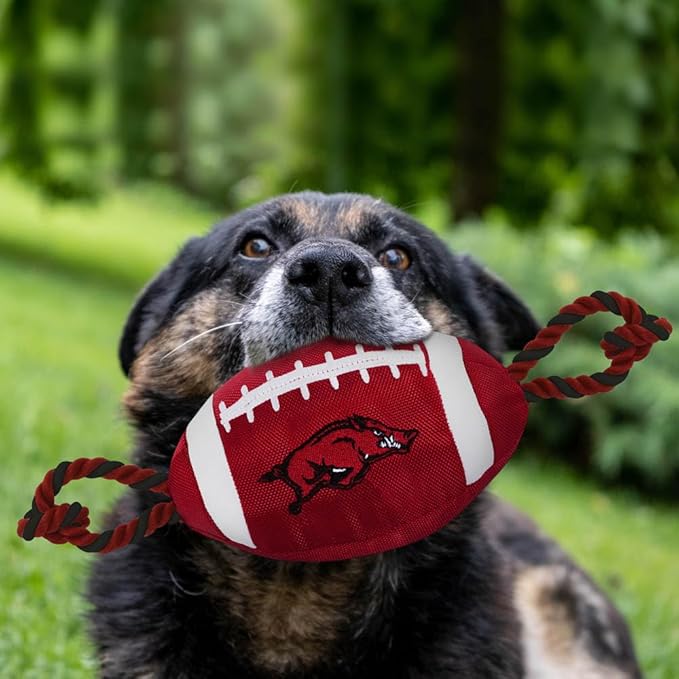 Pets First NCAA Arkansas Razorbacks Football Dog Toy, Tough Quality Nylon Materials, Strong Pull Ropes, Inner Squeaker, Collegiate Team Color