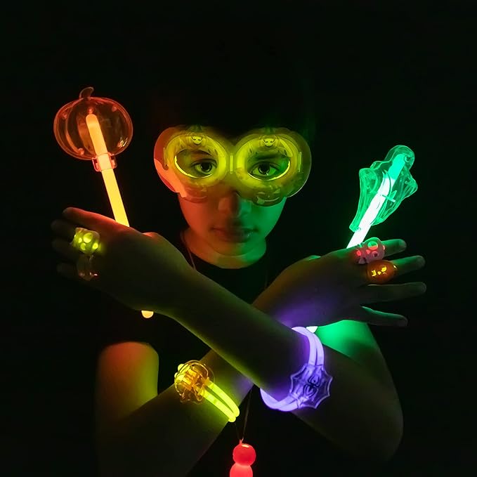 JOYIN 72 Pcs Halloween Glow Stick Bulk Light Up Party Supplies with 3 Eyescover, 3 Pendants, 6 Rings, 6 Wands, 6 Bracelets, 48 Glow Sticks for Halloween Glow in the Dark Party Favor Goodie Bag Fillers
