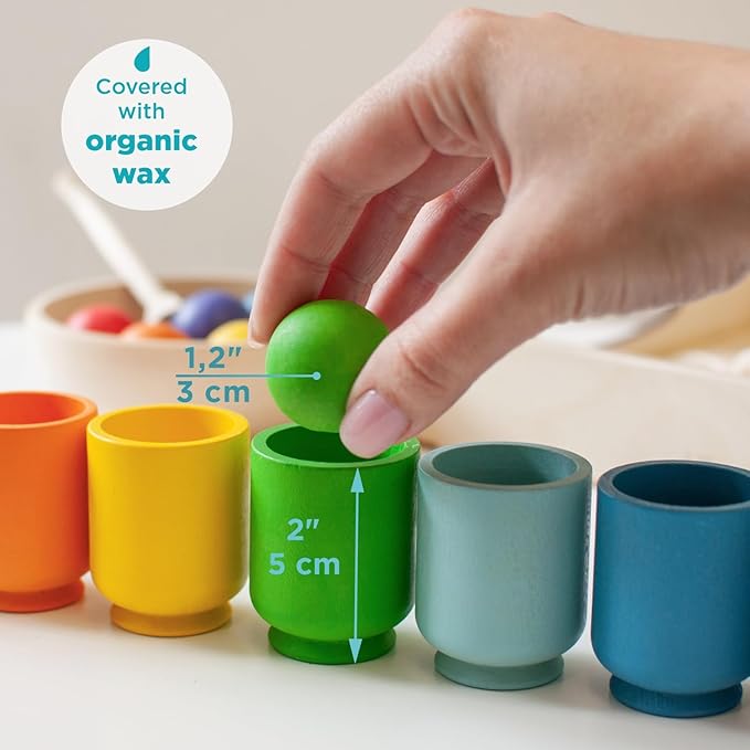 Ulanik Rainbow Balls in Cups Toddler Montessori Toys for 1+ Year Old Kids Wooden Matching Game for Learning Color Sorting and Counting β 7 Balls, 1.18 in