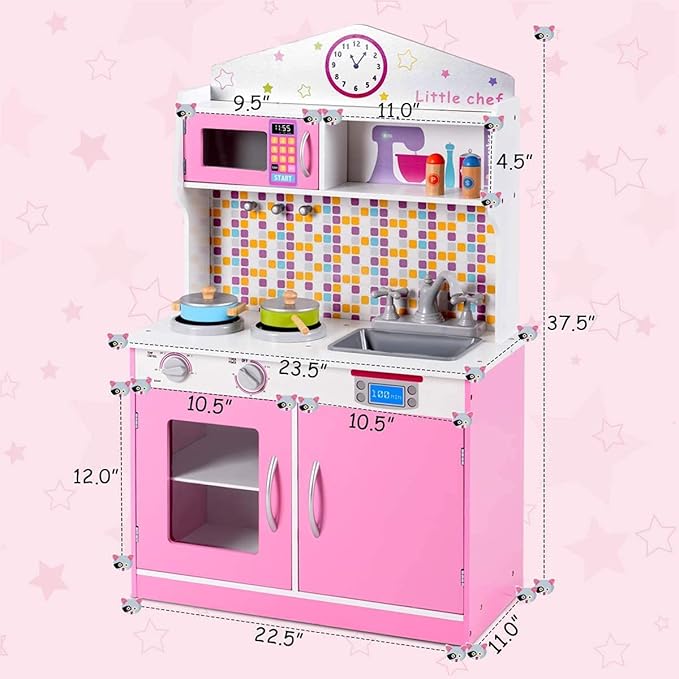 OLAKIDS Kids Kitchen Playset, Wooden Play Kitchen for Toddlers with Real Sounds, Stove Microwave Oven Sink Faucet, Large Storage Cabinet, Pretend Play Toys Cooking Gift for Boys Girls (Pink)