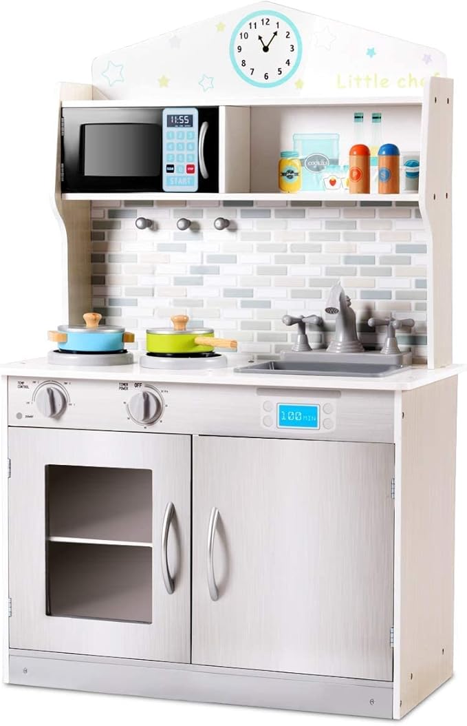 OLAKIDS Kids Kitchen Playset, Wooden Play Kitchen for Toddlers with Real Sounds, Stove Microwave Oven Sink Faucet, Large Storage Cabinet, Pretend Play Toys Cooking Gift for Boys Girls (Silver)