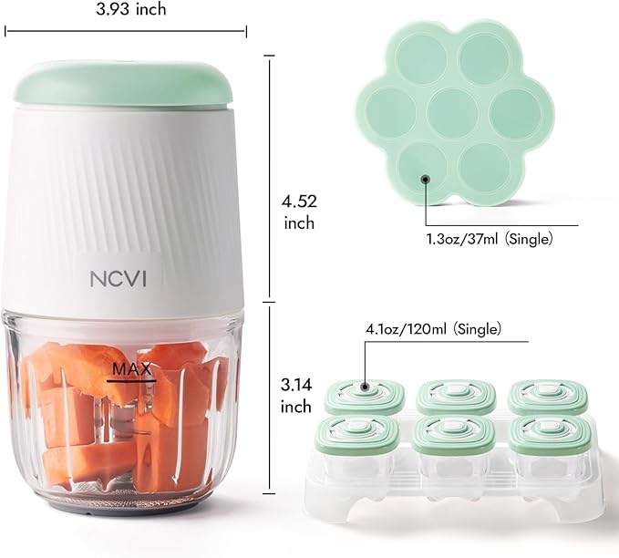 NCVI Puree Baby Food Processor Glass Set, Mini Infant Food Maker Blender Machine with 8 Blades and Grinding Disc, Small Blender Including Food Containers, Silicone Tray and Tableware, Green