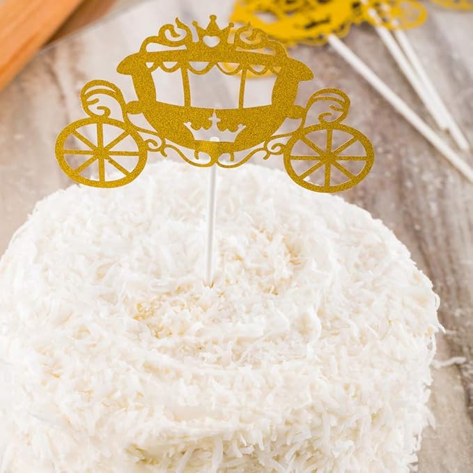 Restaurantware Top Cake 8 X 3.8 Inch Cake Toppers 100 Cinderella Carriage Cake Topper Inserts - Durable With Glitter Detail Gold Paper Cake Decoration Birthday Baby Shower Supplies