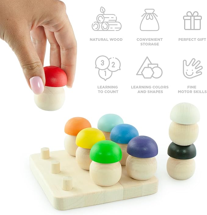 Ulanik Mushroom Glade Toddler Montessori Toys for 3 Year Old + Kids Wooden Mushrooms Game for Learning Color Sorting and Counting Preschool Education β 9 pcs
