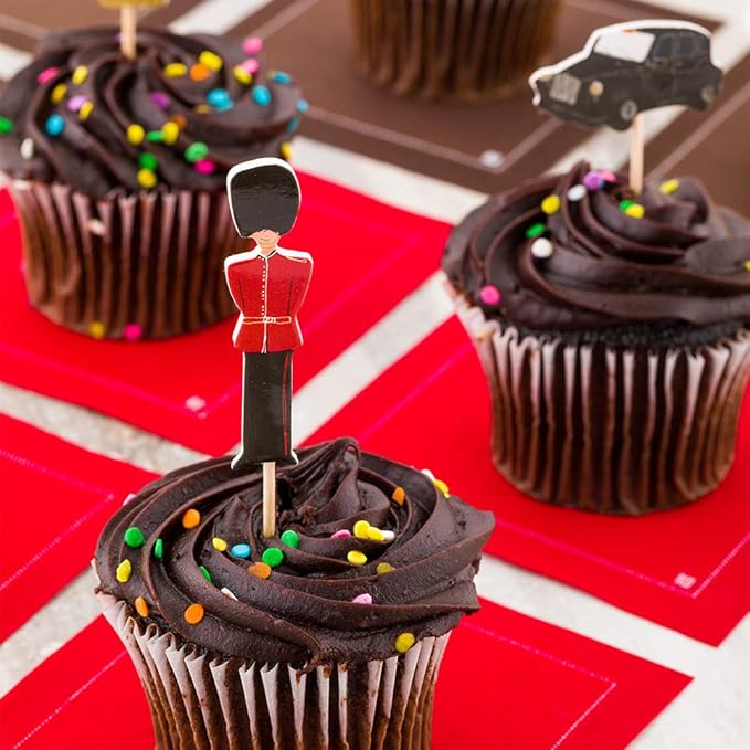 Restaurantware Top Cake London Cake Toppers 24 Piece Assorted British Cupcake Toppers - For Birthday Parties Weddings Or Baby Showers England Theme Cake Decorations Paper British Toothpicks