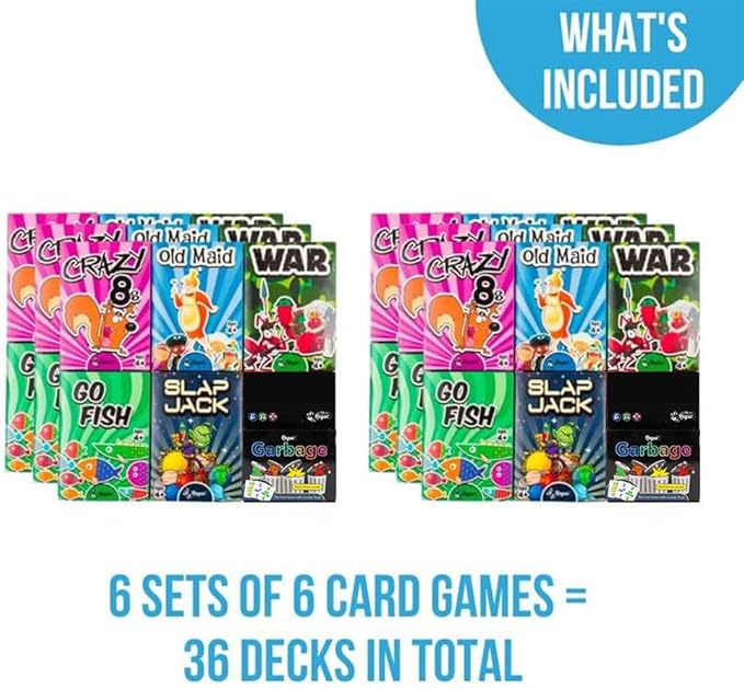 Regal Games Card Games for Kids - Go Fish, Crazy 8's, Old Maid, Slap Jack, Garbage Monsters, War - Simple & Fun Classic Family Table Games - Games May Vary (6 Card Games x 6 Sets)