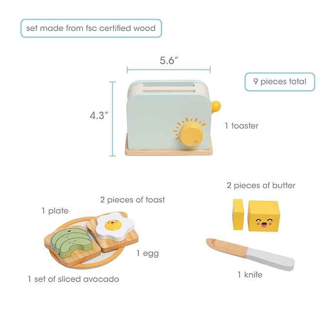 Pearhead Brunch Time Montessori Toy Toaster Oven Set, Wooden Developmental Learning Toys, Pretend Play Kitchen Set for Toddlers Ages 3+ Years, 9 Piece Wooden Play Toy Set