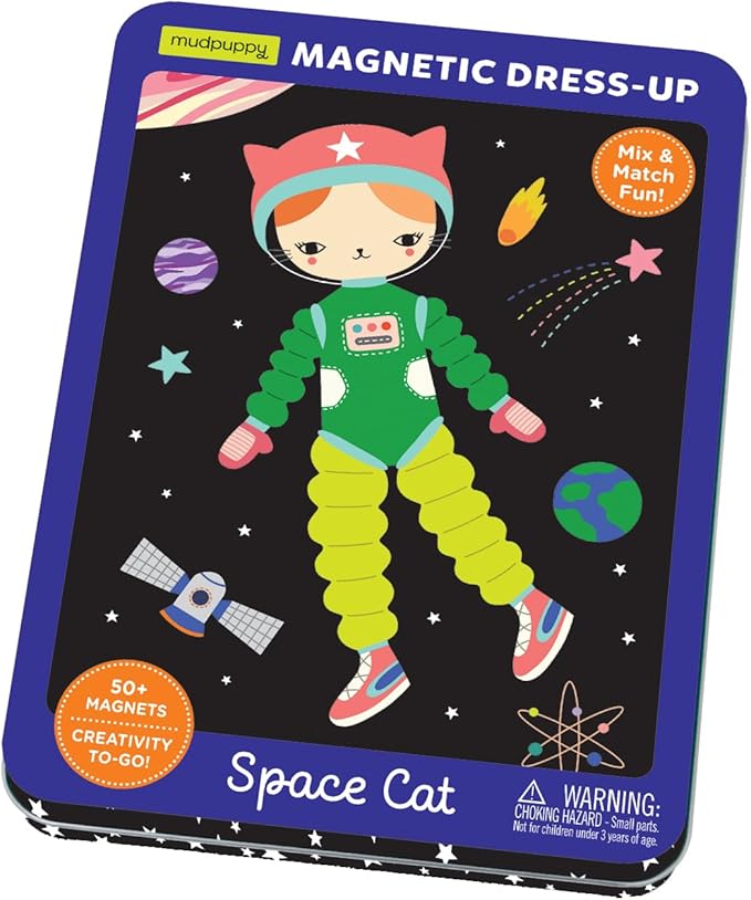 Mudpuppy Space Cat Magnetic Tin – Includes 3 Sheet of Mix & Match Dress Up Magnets and 2 Background Scenes – Toy Magnets for Kids with Hinged Storage Tin – Great Travel Activity for Kids and Toddlers