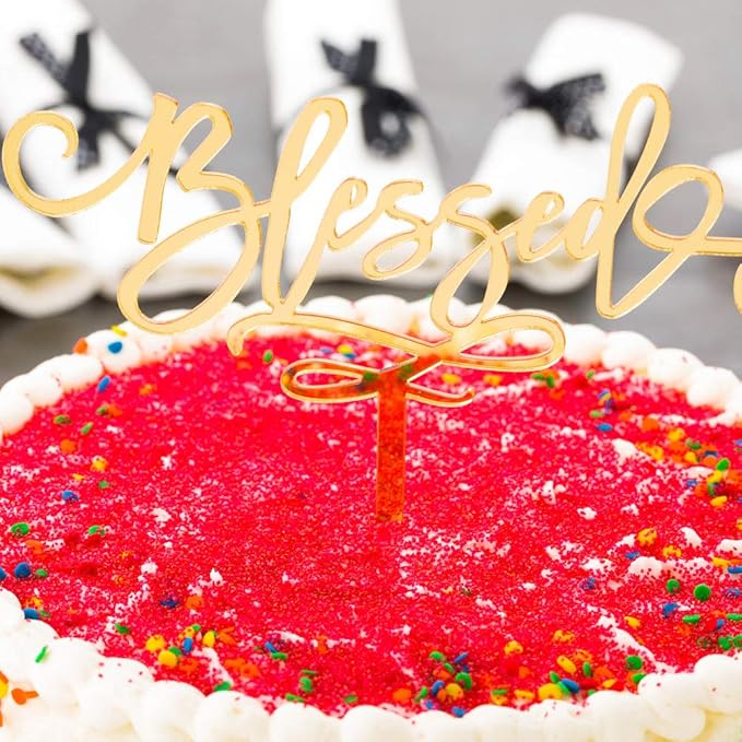 Restaurantware Top Cake Blessed Topper 1 Mirrored Religious Wedding Cake Topper - For Birthdays Baby Showers Baptisms Or Communions Cake And Party Decoration Gold Acrylic Confirmation Cake Topper