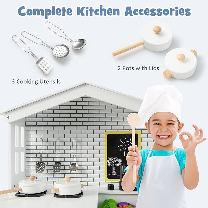 HONEY JOY Kids Kitchen Playset, Farmhouse Pretend Play Toddler Kitchen Set for Kids w/Chalkboard, Marble Backdrop, Window, Storage Shelf, Wooden Play Kitchen for Toddlers, Gift for Boys Girls, White