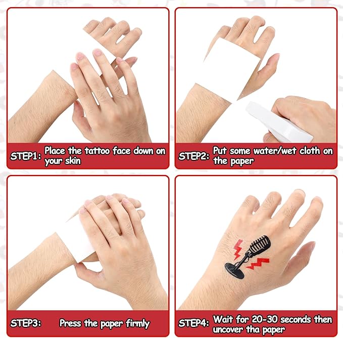 Sinasasspel 36PCS Rock And Roll Tattoos Silicone Bracelet Party Favors Born to Rock Decorations Supplies Temporary Tattoo Let’s Rock Rubber Wristband 60s 80s Retro Rock Band Party Decor