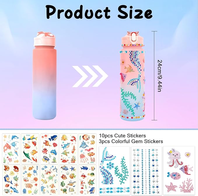 Decorate Your Own Water Bottle Kits for Girls 4-12, Valentines Day Gifts for Girls, Girls Water Bottle, Gem Stickers DIY Arts and Crafts Kits Supplies for Girls, Birthday Easter Gifts for Girls