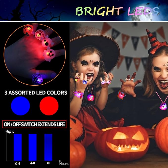 DIYASY 63 Pcs Halloween Party Favors, Light Up Rings Necklace LED Flash Bracelets Lighted Brooches Bulk Glow Toys Party Supplies Decorations for Kids