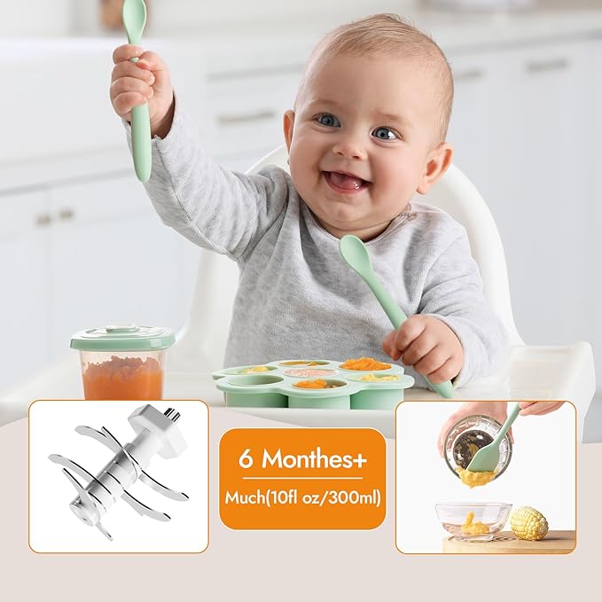 NCVI Puree Baby Food Processor Glass Set, Mini Infant Food Maker Blender Machine with 8 Blades and Grinding Disc, Small Blender Including Food Containers, Silicone Tray and Tableware, Green