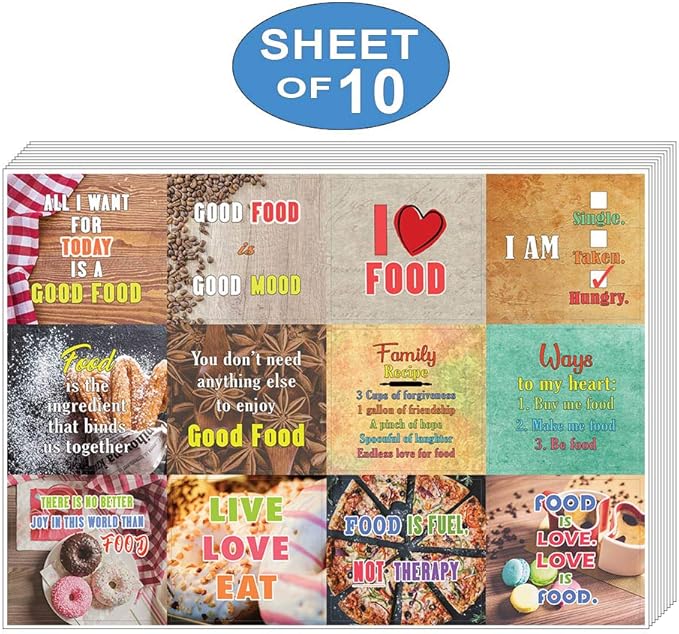 Creanoso Inspiring Food Lovers Stickers (10-Sheet) – Total 120 pcs (10 X 12pcs) Waterproof, Unique Personalized Themes Designs, DIY Decoration Art Decal for Men Women Adults, Boys & Girls, Teens