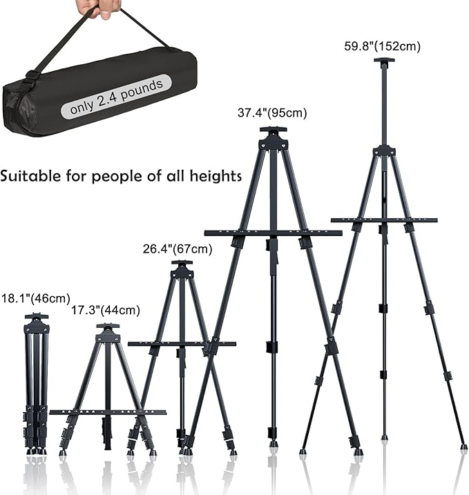 Portable Artist Easel Stand, Art Drawing Easels for Painting Canvas Wedding Signs & Display,Adjustable Height Painting Easel with Bag, Height from 17" to 60",Black