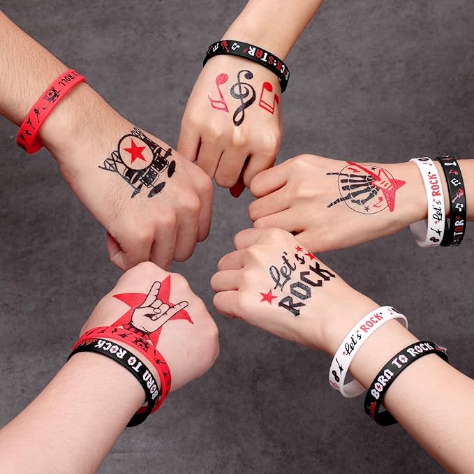 Sinasasspel 36PCS Rock And Roll Tattoos Silicone Bracelet Party Favors Born to Rock Decorations Supplies Temporary Tattoo Let’s Rock Rubber Wristband 60s 80s Retro Rock Band Party Decor