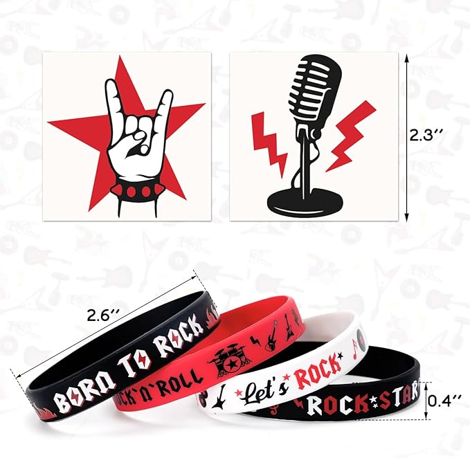 Sinasasspel 36PCS Rock And Roll Tattoos Silicone Bracelet Party Favors Born to Rock Decorations Supplies Temporary Tattoo Let’s Rock Rubber Wristband 60s 80s Retro Rock Band Party Decor