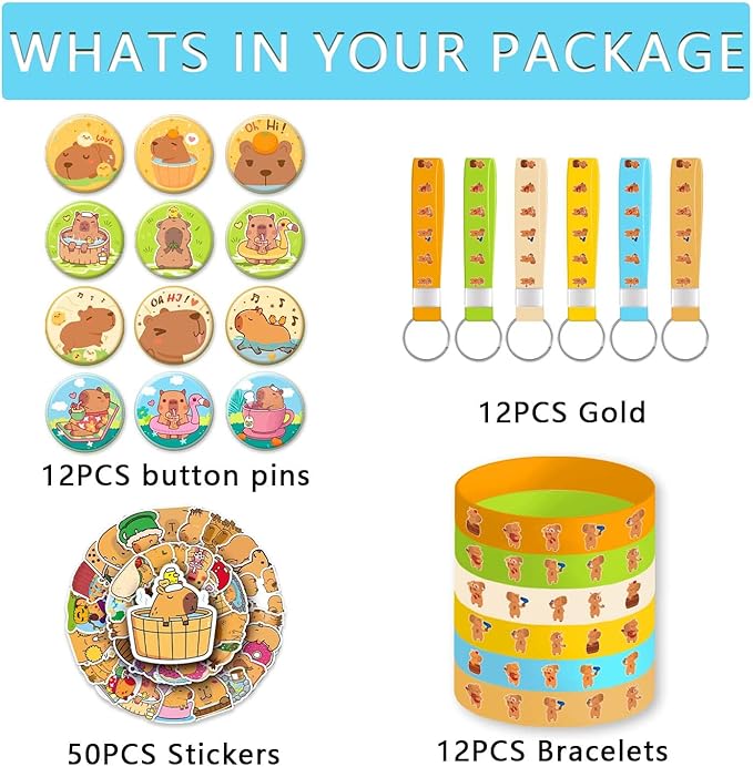 Capybara Party Favors ,Capybara Birthday Decorations For Kids Capybara Birthday Party Supplies For Girls Includes 12 Bracelets,12 Button Pins,12 Key Chain,50 Stickers