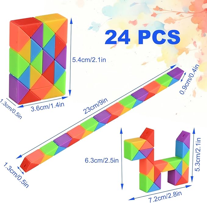 GOLDGE 24 Pack Mini Fidget Snake Cube Puzzle Toys - Party Favors & Goodie Bag Fillers, Travel Toys for Kids Ages 4-8, Rainbow Colors - Bulk Birthday & Back to School Gifts - Stocking Stuffers