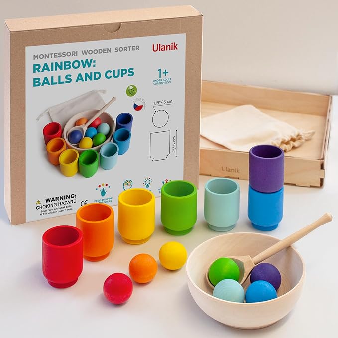 Ulanik Rainbow Balls in Cups Toddler Montessori Toys for 1+ Year Old Kids Wooden Matching Game for Learning Color Sorting and Counting β 7 Balls, 1.18 in