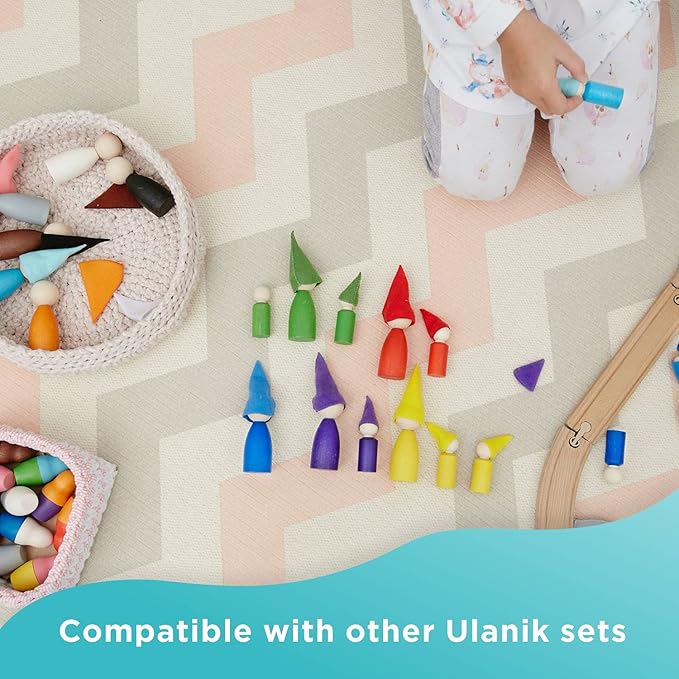 Ulanik Large Peg Dolls with Hats Toddler Montessori Toys for 3 Year Old + Kids Wooden Waldorf Dolls for Learning Color Sorting and Counting β 12 Gnomes, 3.35 in