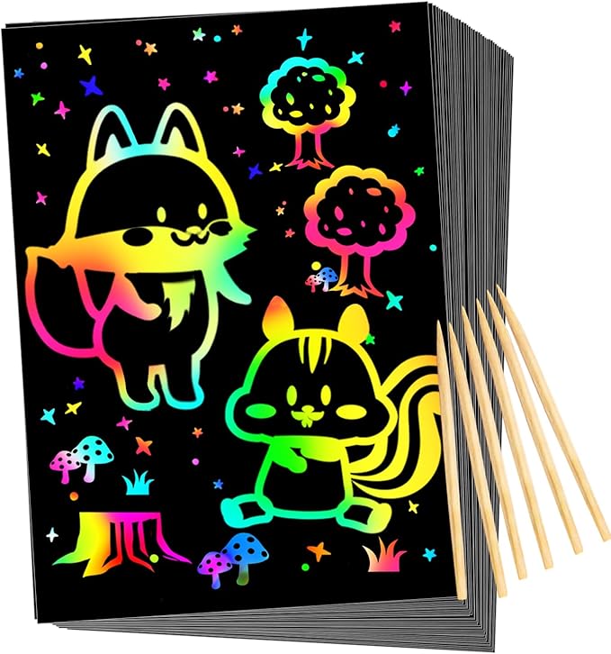 Scratch Rainbow Paper for Kids: 117 Pcs Magic Scratch Off Paper Children Art Crafts Set Kit Supplies Toys Black Scratch Sheets Notes Cards for Boys Girls Birthday Party Favors Christmas Easter Gift
