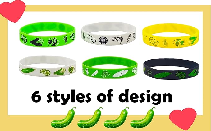 CupaPlay 24PCS Pickle Cucumber Rubber Bracelets - Cute Vegetable Canned pickles Theme Party Supplies Decorations Birthday Baby Shower Silicone Wristbands Party Favors