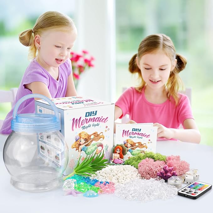 DIY Light-Up Mermaid Terrarium Kit for Kids, 3 Light Modes Mermaid Toys & Activities Kits Presents, Arts & Crafts Mermaid Gifts for Girls Age 4 5 6 7 8-12 Years Old, Birthday Gift, Bedroom Decor