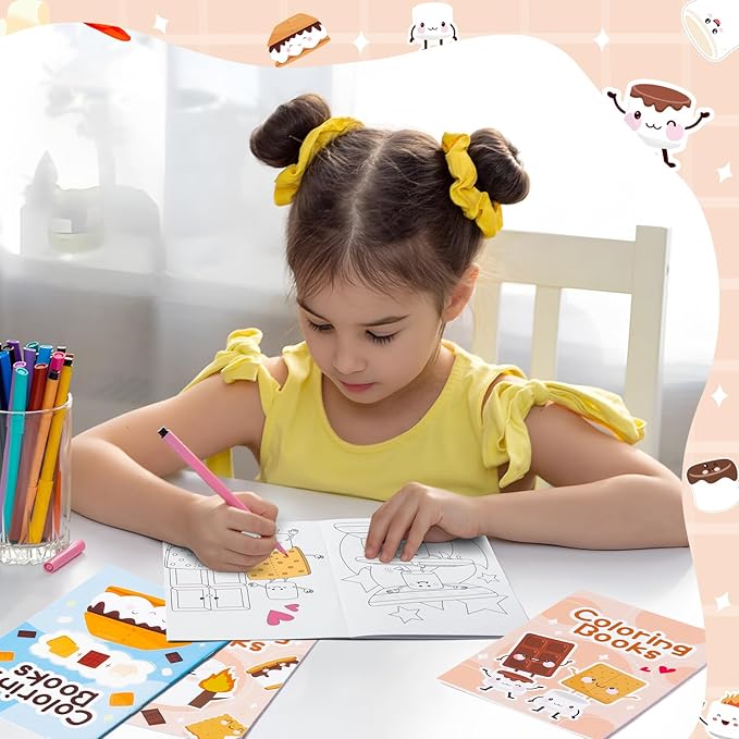 Marshmallow Coloring Books for Kids 24Pcs Bulk Campfire Camping Themed Mini Coloring Booklet DIY Art Drawing Book with Marshmallow for Toddlers Kids Birthday Party Favors Goodie Bag Filler
