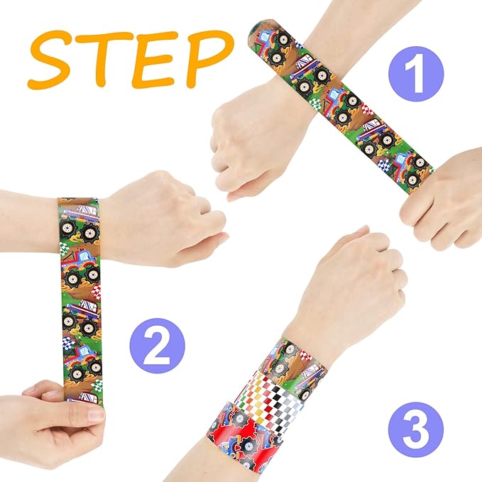 Sawowkuya 48PCS Monster Trucks Themed Party Favors Slap Bracelets, Kids Adults Classroom Prize Exchanging Gifts Birthday Party Decorations Supplies