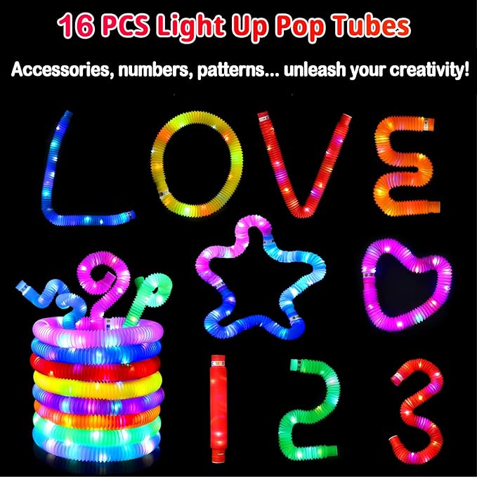 Glow Sticks Halloween Party Favors for Kids - 24 Pcs Light Up Pop Tubes Halloween Toys Glow in the Dark Party Supplies Halloween Gifts for Kids Goodie Bag Fillers, Christmas Stocking Stuffers for Kids
