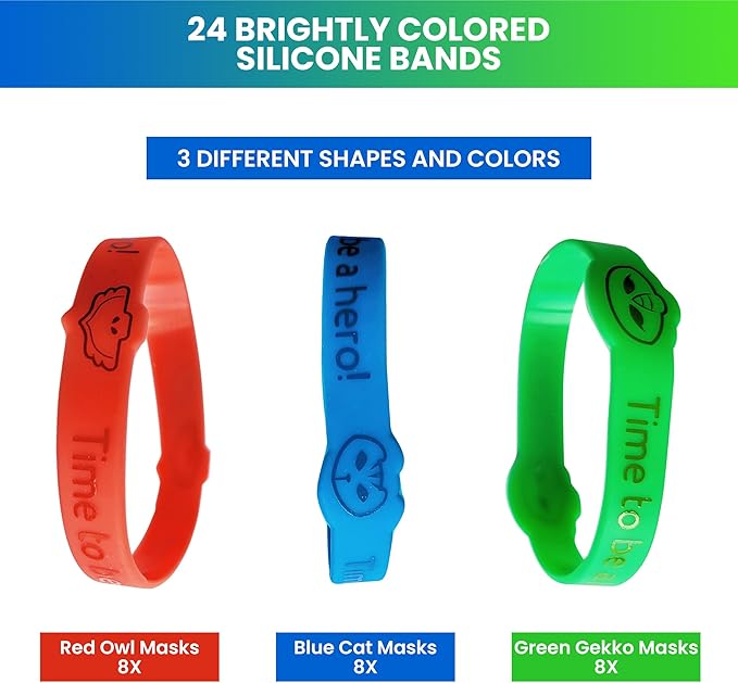 Masks Party Favors Bands Supplies, Red Green Blue Birthday Celebrations Girls Boys Gift Kids Silicone Wristbands Hero PJ Theme Goody Bag Fillers 24 Pack