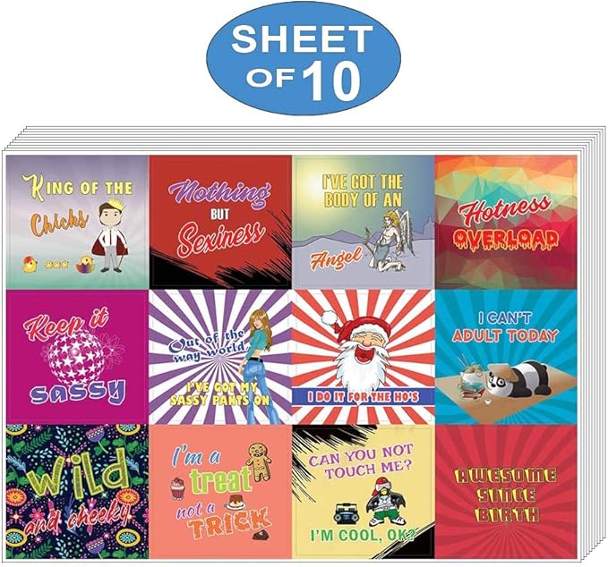 Creanoso Cheeky and Funny Stickers Series 3 (10-Sheet) - Total 120 pcs (10 X 12pcs) Individual Small Size 2.1 x 2. in, Waterproof, Unique Themes Designs, Any Flat Surface DIY Decoration Art Decal