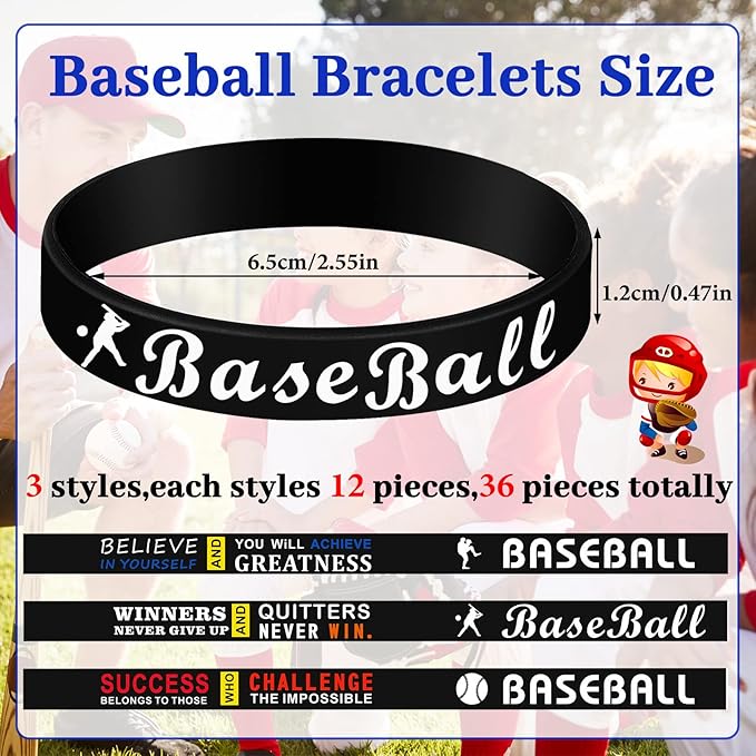Deekin 36 Pcs Baseball Motivational Silicone Wristband Baseball Bracelets Baseball Party Favors Baseball Gifts Sports Prizes Birthday Party Supplies Goodie Bag Stuffers Carnival Events, 3 Style