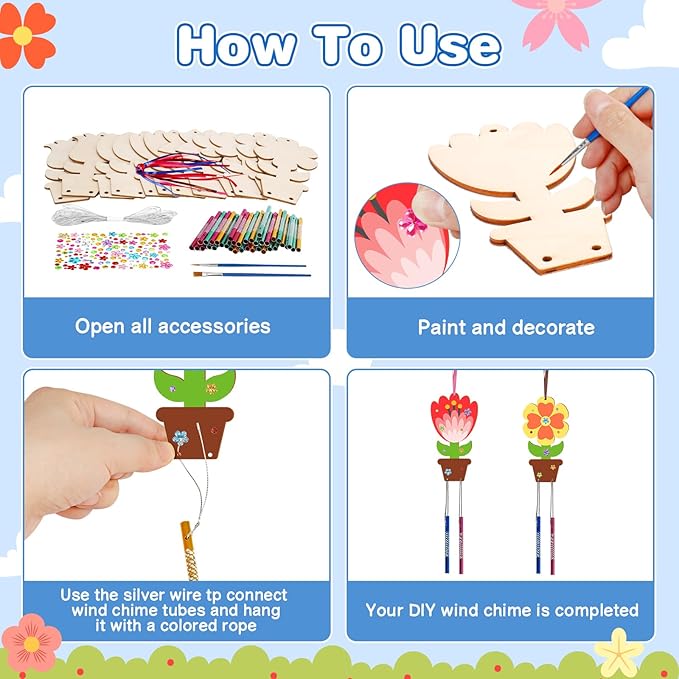 Fennoral 12 Pack Flower Wind Chime Craft for Kids Make You Own Flower Wind Chimes Ornaments DIY Coloring Wooden Art and Craft for Spring Summer Art Activities Birthday Decorations