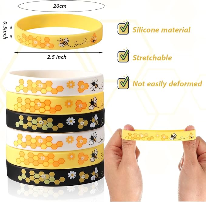 Bee Bracelet Silicone Bee Wristband Assorted Color Bee Theme Party Favors Bee Teachers Decorations Classroom Decorations Bees Wristband for Boy Girl Bee Birthday Baby Shower Party Supply (96 Pieces)