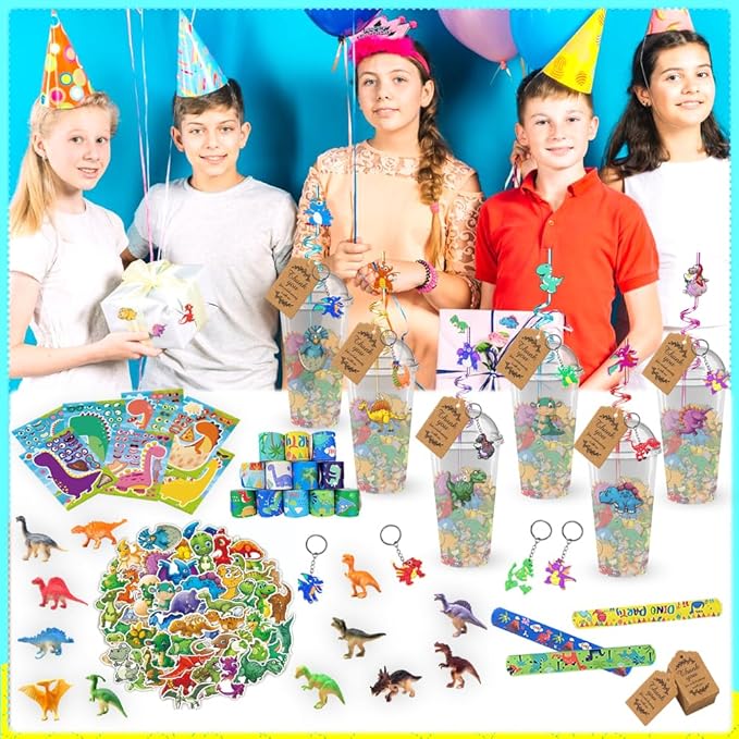 Dinosaur Party Favors, 172 pcs Birthday Party Supplies contains Cups, Straws, Bracelets, Keychains, Stickers, Small Models, Tatoo Stickers, DIY Stickers, Thanks Tags for Animal Themed Birthday Decors