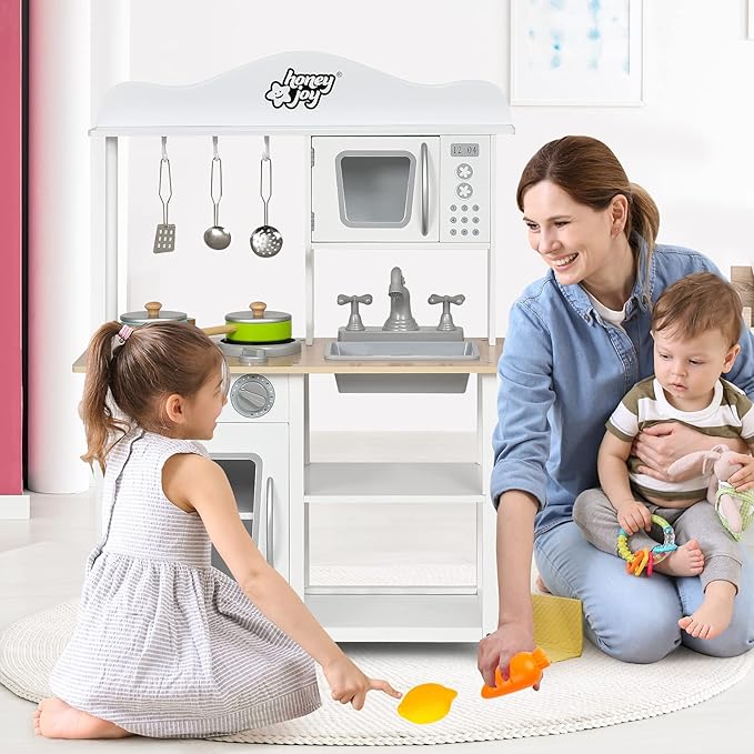 HONEY JOY Kids Wooden Kitchen Playset with Microwave, Sink, Stove & Oven, Cooking Accessories, Storage Shelf, Pretend Play Toy Kitchen Set, Gift for Boys Girls
