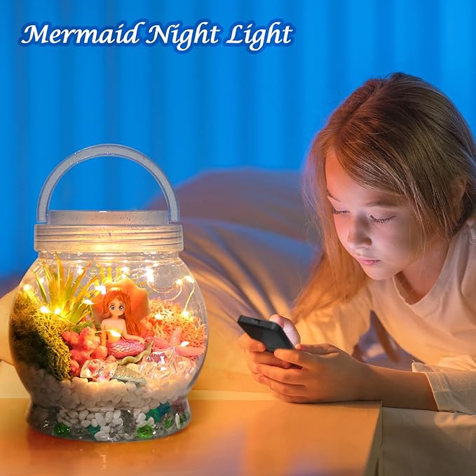 DIY Light-Up Mermaid Terrarium Kit for Kids, 3 Light Modes Mermaid Toys & Activities Kits Presents, Arts & Crafts Mermaid Gifts for Girls Age 4 5 6 7 8-12 Years Old, Birthday Gift, Bedroom Decor