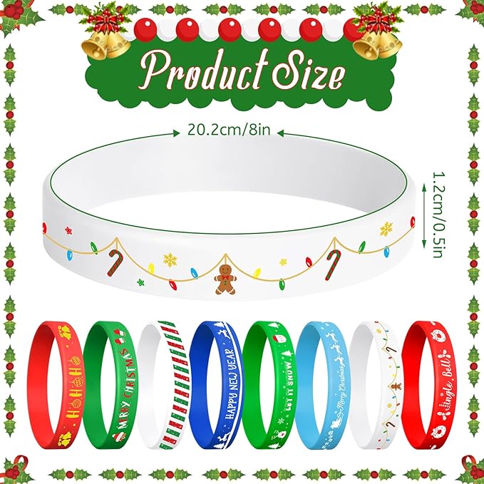 NEBURORA 72pcs Christmas Silicone Bracelet 8 Style Rubber Wristband Xmas Pattern Wrist Band for Merry Christmas Theme Party Decor Supplies