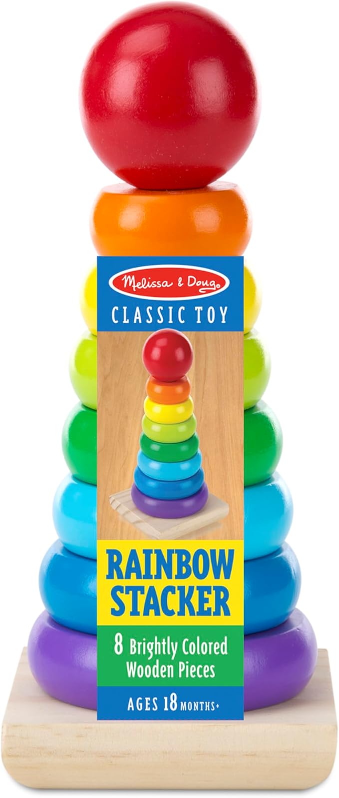 Melissa & Doug Rainbow Stacker Wooden Ring Educational Toy - Wooden Rainbow Stacking Rings Baby Toy, Stacker Toys For Infants And Toddlers