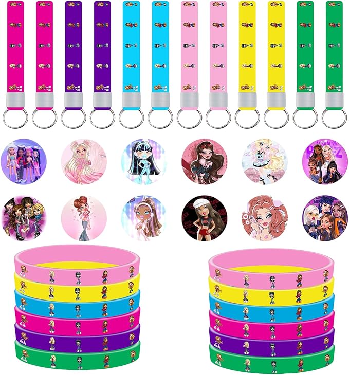 86Pcs Cartoon Delicacy Party Supplies Cartoon Party Favors Include 12Pcs Bracelets-12Pcs Button Pins-12Pcs Keychains-50Pcs Stickers for Birthday Party Decorations