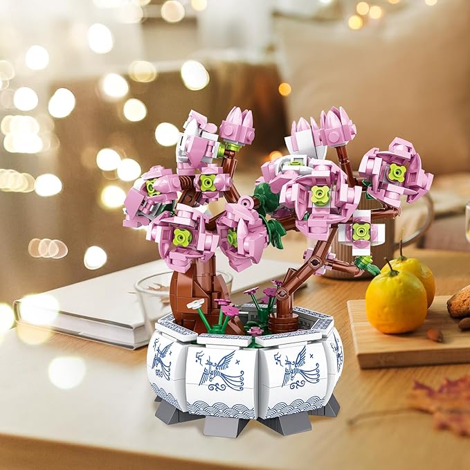 Peach Blossom Building Block Kit, Special Plant Home Decor Flower Bouquet Building Kit, Chinese Flower 471PCS Relaxing Building Project for Adults, Compatible Flowers Set 63007
