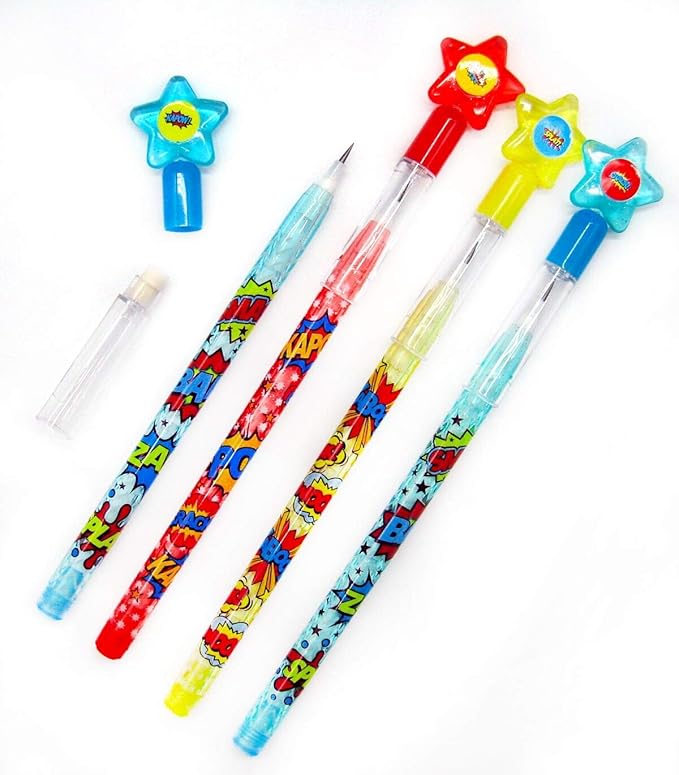 Tiny Mills 24 Pcs Superhero Text Multi Point Stackable Pencil with Eraser for Superhero Birthday Party Favor Prize Carnival Goodie Bag Stuffers Classroom Rewards
