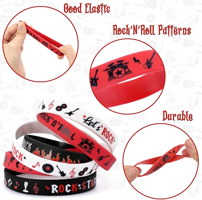 Sinasasspel 36PCS Rock And Roll Tattoos Silicone Bracelet Party Favors Born to Rock Decorations Supplies Temporary Tattoo Let’s Rock Rubber Wristband 60s 80s Retro Rock Band Party Decor